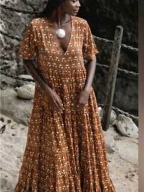 Daughters of India Rust Brown ( Chaaya) Floral Maxi Dress